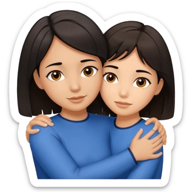 a brown-eyed brunette hugs a brown-eyed girl with a bob and black hair, and the strands are blue sticker