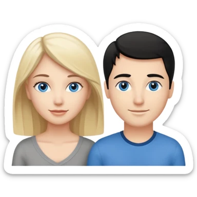 Blond woman with blue eyes on left. And a Man with black hair and grey eyecolor in the middle. And a blank woman with brown hair and grey eyes on the right. Happy together sticker