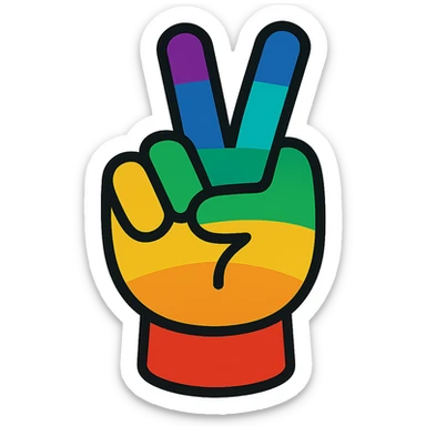 Increase blue and purple colors in the rainbow theme of the hand peace sign, keep the vibrant toon style, no background. sticker
