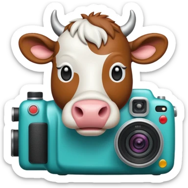 Emoji-style icon showing a cow and buffalo with a camera and image-upload symbol, representing taking a photo or selecting a file for breed detection. Simple, friendly, rounded design, clear at small sizes, teal and white accents, no text, transparent background. sticker