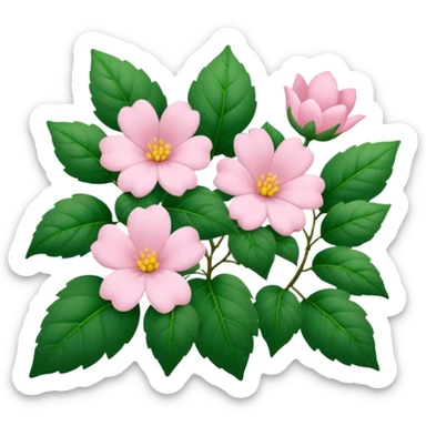 Aesthetic flowers and plants growing from the ground in colours of soft pink matching the deep green leaves (to describe/match with the word flourish) more of a wild bush or vine  sticker