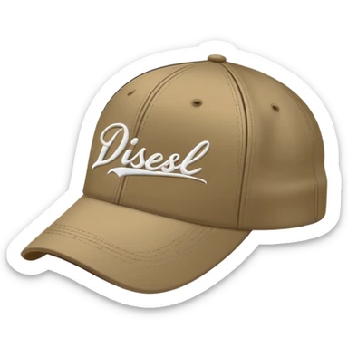 Dark khaki Diesel cap with white cursive 'Diesel' script writing and Diesel logo underneath, no person, isolated baseball cap sticker