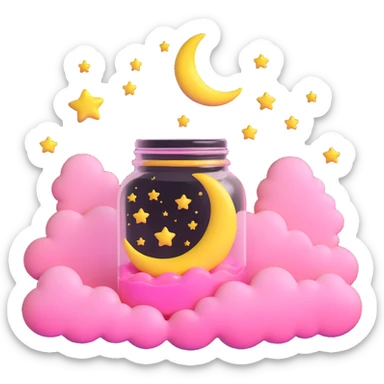 A jar with a pink liquid, a yellow crescent moon, pink clouds, and golden stars sticker