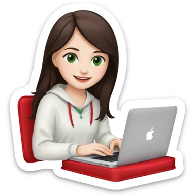 Long dark brown haired, white skinned, dark green eyed girl in white clothes girl sitting in macbook with a red case  sticker