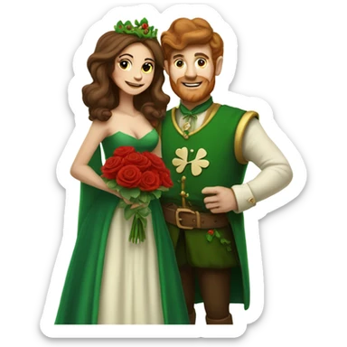 Short leprechaun giving red roses and clovers to tall brown haired queen sticker