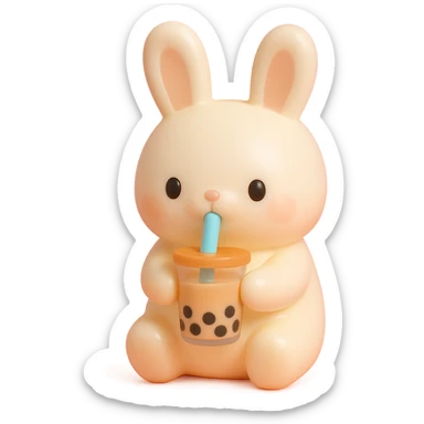 bubble tea bunny sipping boba with both paws, vinyl figure style sticker