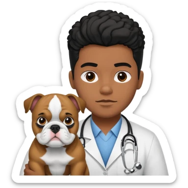 joven médico con el pelo un poco largo pero no tanto y lacio, que tenga un estetoscopio de color de piel tez negra calida !!! que sostiene un bulldog francés blanco y negro  sticker
