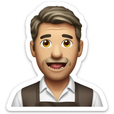 Man in apron biting into steak sticker