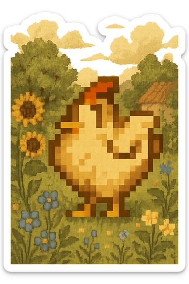 Using a transparent background, re-imagine this pixelated chicken in a cottage core setting sticker