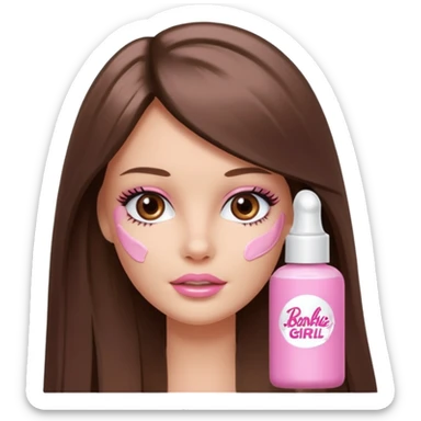 Barbie girl a brown long Straight hair and brown eyes is In pale pink smears by hand cosmetic cream on her face sticker
