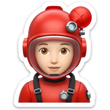 3D cartoon-style human character in the Apple emoji style, wearing a red scuba diving helmet with glass visor sticker