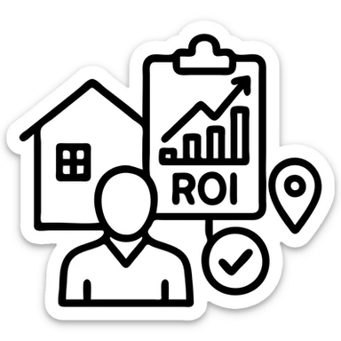 Ícono de real estate que refleje que trabajamos con una estrategia personalizada con visión de ROI y que nuestro método de trabajo nos permite ayudarte a tomar decisiones basadas en datos, rentabilidad y lifestyle. sticker