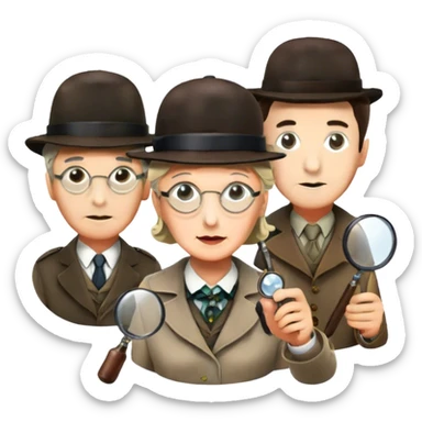 Icon for Detective Movies: A colorful collage with Sherlock Holmes, Miss Marple, and Pinkerton. Include magnifying glasses, clues, detective tools, a criminal and a policeman in the background. The design should evoke mystery and intrigue, with a classic detective movie feel. Transparent background. sticker