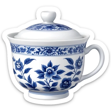 traditional Chinese tea cup with blue and white porcelain design sticker