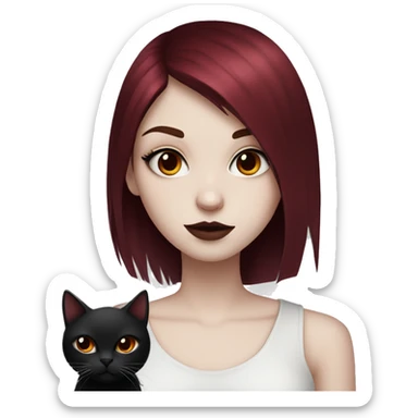 Pale girl with black eyeshadow and burgundy red colored hair with an emo haircut that’s long and layered holding a black cat sticker