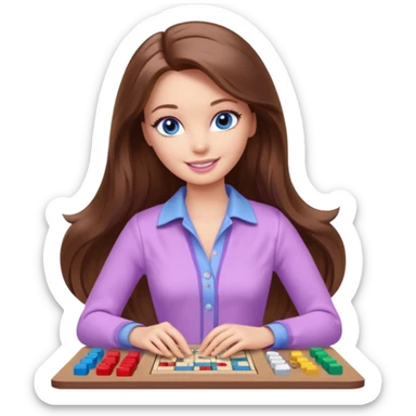 beautiful barbie girl with long brown hair, blue eyes and wearing light purple clothes playing board games sticker