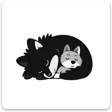 cute baby wolf sleeping with a little wolf stuffed animal sticker