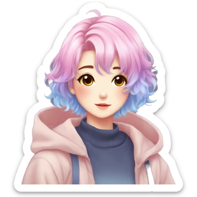 Gorgeous anime style shojo character with blushing face aesthetic and pretty colorful shiny gradient pastel hair trending style sticker