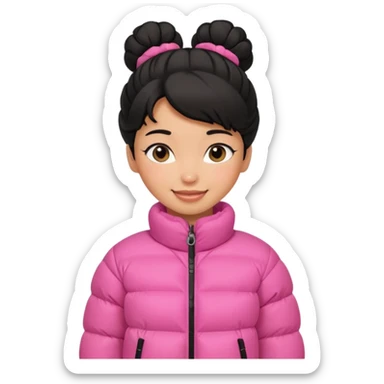 A caramel skinned girl that’s has puffy black hair with her hair up skinny and wears a pink puffer coat sticker