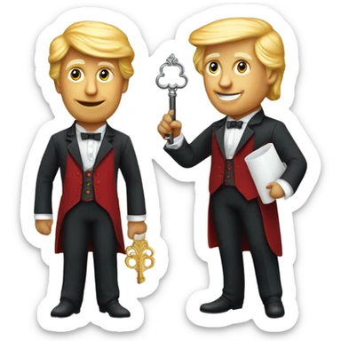 trump waiter Victorian dress elegant red full body, holding big key sticker