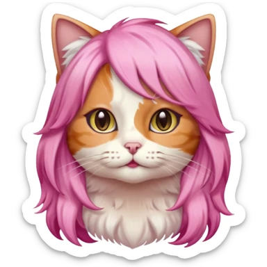 calico cat wear long pink hair wig sticker