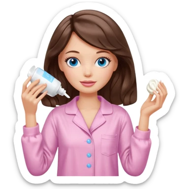 Barbie girl with makeup, blue eyes , and bob long haircut wavy, short brown hair in creamy color pajamas, face cream in hand sticker