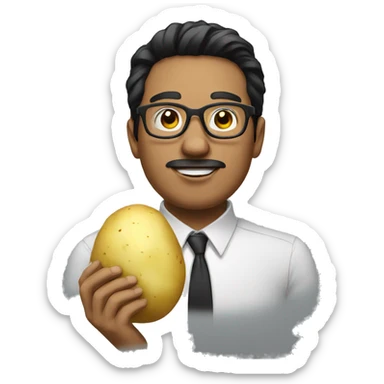 a man with black hair, glasses and a potato sticker