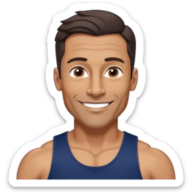 Athletic 40-year-old man with tanned light brown skin. Elongated face with defined jawline. Confident smile. Medium dark eyes, arched eyebrows. Straight nose. Wavy dark hair in a modern cut. Wearing a navy blue tank top showing fit physique. sticker