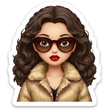 generate a pretty fair bratz girl with dark brown eyes, dark brown wavy hair, beige fur coat, black sunglasses, red lipstick. RICH sticker