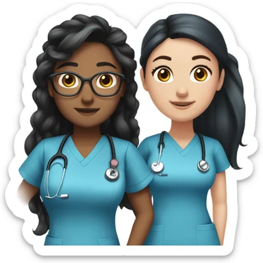 Best friend nurses in blue scrubs one has glasses and long black hair in a pony tails, the other has long dark brown hair and  freckles sticker