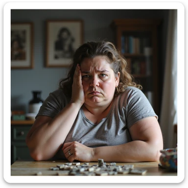 obese woman struggling to solve a puzzle or logic game, frustrated and confused expression, home environment, hyperrealistic 4K details, signs of cognitive slowing sticker