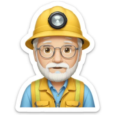An elderly man with white hair and beard, wearing glasses and a yellow explorer hat sticker