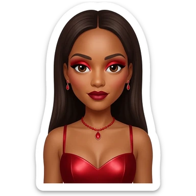 Kelly Rowland with dark brown eyes, long dark brown hair, red eyeshadow, dark red lipstick, red metallic sweetheart dress, red necklace and earrings sticker