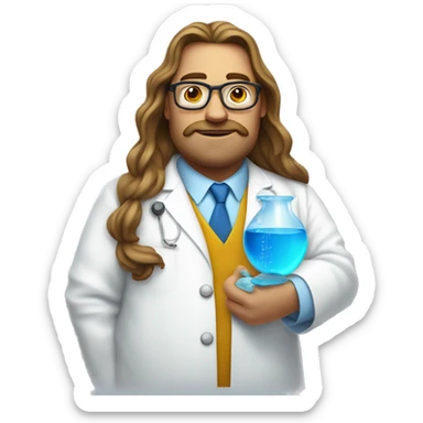a fat chemist in a white coat with long wavy hair holding a beaker with bright blue liquid sticker