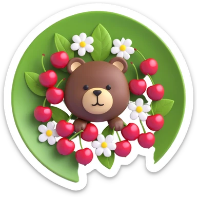 3D iOS-style illustration of cute cherries and bear-shaped cherries on a plate, surrounded by small white flowers and green leaves, with a soft, playful, and glossy look, warm inviting color palette, smooth rounded Apple emoji-like finish sticker