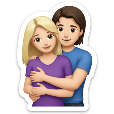 A happy boyfriend and girlfriend hug. She is brunette sexy with long hair. He is blonde short hair sticker