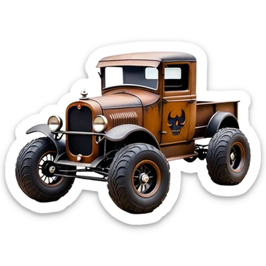 1:10 off-road lcg smoking rusting Basher style 1927 blackened tarnished hotrod rat rod streamlined anime vampire ghostly Dodge zombie infected extended-cab rc bulging pickup (extra wide low-profile pin tires chrome wheels with fenders) sticker