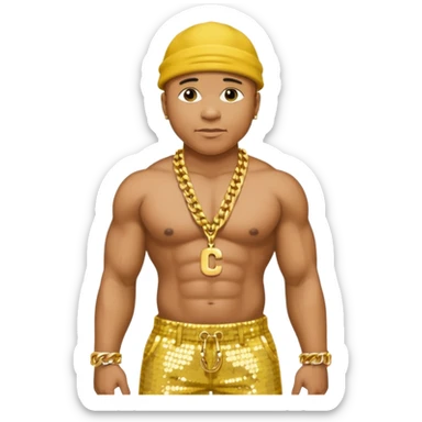LL Cool J with yellow sequin baggy pants, shirtless with necklace sticker