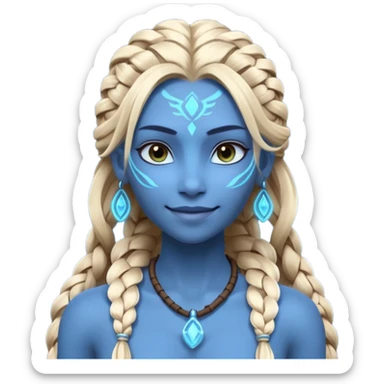 avatar-style Na’vi female portrait, head and shoulders only, blue skin, glowing bioluminescent markings, long braided hair, subtle tribal jewelry, confident smile, 3D cartoon, mobile game icon style, clean background, no text, no watermark
 sticker