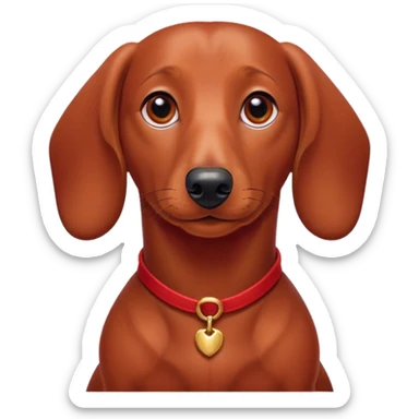 Cinematic Noble Red Dachshund Portrait Emoji, Poised and regal, with a long, low-slung build and a smooth, well-groomed red coat, deep-set soulful brown eyes, Simplified yet sharp and sophisticated features, highly detailed, glowing with a soft, dignified glow, high shine, intelligent and determined, stylized with an air of charm, focused and attentive, soft glowing outline, capturing the essence of a watchful and confident companion, so majestic it feels as though it could slide out of the screen with effortless authority! sticker