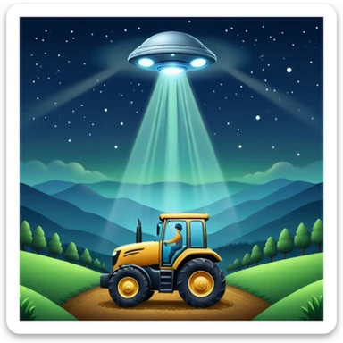 UFO abduction scene with a human being lifted by a tractor beam at night sticker