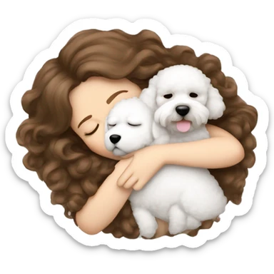 White girl brown hair sleeping with Mini Bichon sticker