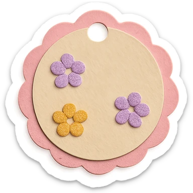 soft pastel round scalloped tag sticker with tiny flowers, paper craft style, with a pink border sticker