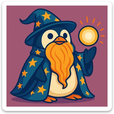 a chubby penguin wizard with a long beard, starry cloak, and a glowing orb, looking wise and mystical, fun and whimsical style sticker