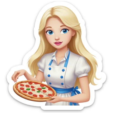 Cinematic realistic beautiful blonde with long hair, blue eyes and pink lips in a white dress cooks pizza sticker