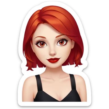 a woman with red hair and red eyes. The woman wear a black little cutted dress. She have red lipstick and she have a seductive look and smile sticker