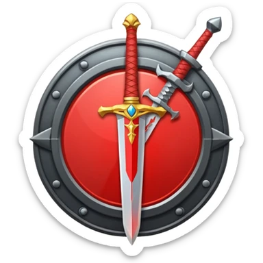 Make an mmo rpg red sword class icon inside of a round emblem in aname style sticker