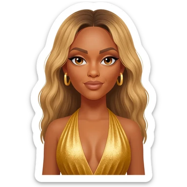 Beyonce with hazel eyes, long blonde hair, gold dress, gold earrings sticker