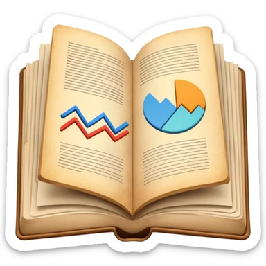 An open book or a stack of books in a simplified form, next to abstract graphs and lines, the image is calm and academic. sticker