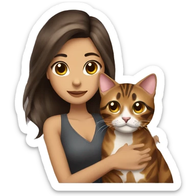 Beautiful woman long dark brown hair hug bengal cat sticker